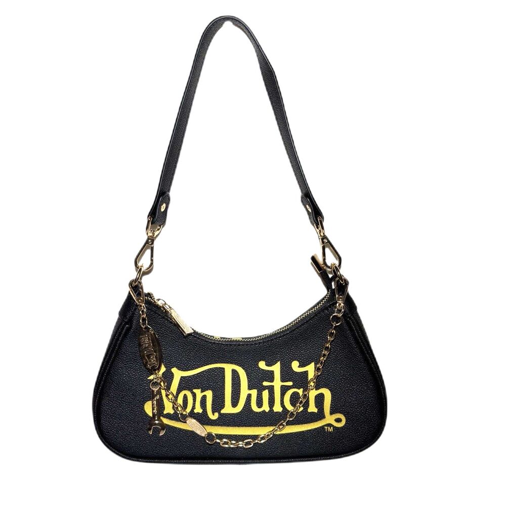 Von Dutch Classic Black Vegan Patent Logo Shoulder Bag Chain Wrench Charm NWOT